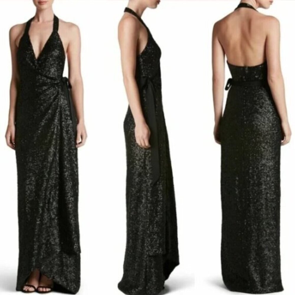 Dress The Population NWT 'Giselle' Sequins Halter Wrap Dress in Black Size XS